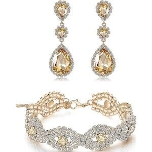 Bridal Wedding Rhinestone Earrings Bracelet Set - Gold Plated Champagne Crystal